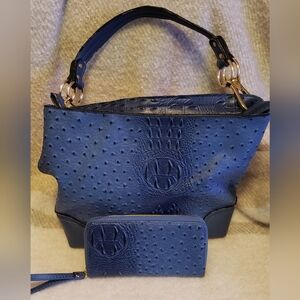 Elegant Blue Textured Women's Shoulder Bag W/ Wallet